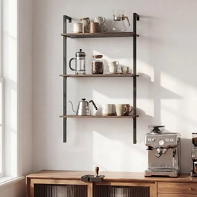 Estante flutuante 53,5 x 29,5 x 96 cm de 3 níveis em forma de escada, com estrutura preta e painéis industriais, para casa de banho, cozinha ou sala d