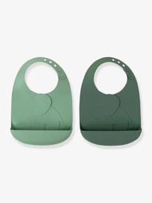 Lote de 2 babetes com recuperador DONE BY DEER Peekaboo, Elefante em silicone verde claro bicolor/multicolor