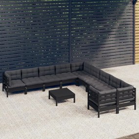 vidaXL 11 pcs conjunto lounge de jardim c/ almofadões pinho preto