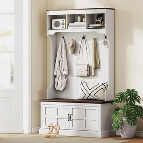 Móvel Cabide de Entrada com Banco Sapateira 5 Ganchos 3 Prateleiras Armário e Compartimentos Estilo Rústico 105x40x180 cm Branco