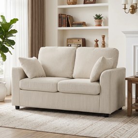 Sofá de 2 lugares pequeno 144 L x 76 P x 89 A cm em veludo canelado, sofá de sala de 144 cm com assento largo estofado, 2 almofadas, bege
