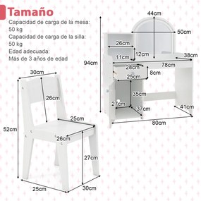 Conjunto de Toucador e Cadeira para Crianças a partir dos 3 anos com Estantes Armário com Gavetas 2 Cores Luzes LED Espelho em Acrílico Blanco