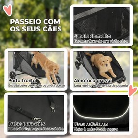 Carrinho para Cães Dobrável com um Botão até 30 kg com Suspensão em 4 Rodas Giratório e Travão de Pé Cinzento