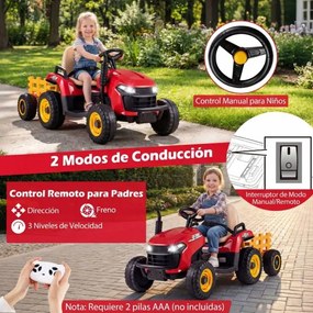 Trator elétrico de 24 V, trator infantil com reboque rebatível e removível, controlo remoto, música e faróis LED, a partir dos 3 anos, vermelho
