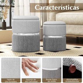 Conjunto de 2 Pufes Redondos com Armazenamento Estofados com Aro de Aço Inoxidável Dourado Cinza