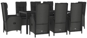 9 pcs conjunto jantar jardim c/ almofadões vime PE preto/cinza