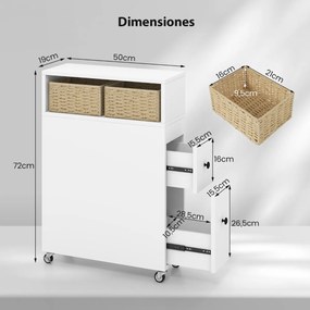 Armário de casa de banho móvel com rodas com gavetas deslizantes Cestos de vime extraíveis Suporte para escovas de sanita 50 x 19 x 72 cm Branco