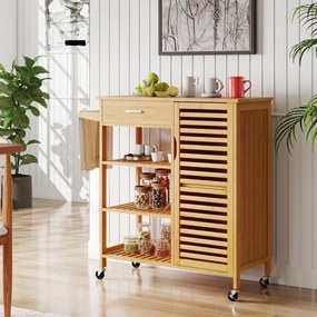 Carrito con Ruedas Carro Aparador de Bambú con Superficie Amplia Cajón 3 Estantes para Cocina y Salón 91 x 44 x 89 cm Natural
