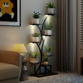 Suporte de 8 níveis para plantas com luzes de crescimento ajustáveis e temporizador 67 x 30 x 146 cm Castanho e preto
