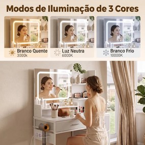 Penteadeira, toucador de Maquilhagem com Espelho LED 3 Tonalidades de Luz (BANCO NÃO INCLUIDO) Estação de Carregamento 4 Gavetas 5 Prateleiras Suporte