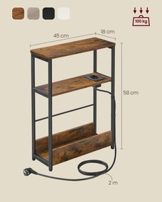 Mesa de cabeçeira ou Mesa de apoio, com 1 tomada e 2 portas USB e 3 prateleiras estreitas 18 x 45 x 58 cm Castanho vintage + Preto
