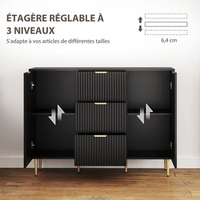 Aparador de sala ou cozinha com 3 gavetas 120 x 40 x 90 cm, prateleiras ajustáveis, armários com portas caneladas, preto