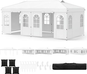 Tenda Dobrável para Exterior, 600 x 300 cm, Altura Ajustável em 3 Níveis, Branco