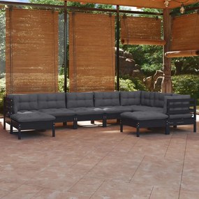 9 pcs conjunto lounge jardim c/ almofadões pinho maciço preto