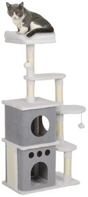 PawHut Arranhador Gatos 126 cm Caverna Plataformas Brincadeiras Poste Sisal Confortável 56x34x126 cm Cinza e Creme | Aosom Portugal