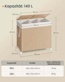Cesto da roupa 140 L com 3 compartimentos e rodas bege natural-branco