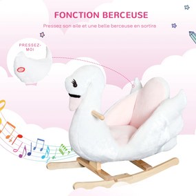Cavalo de baloiço em forma de cisne para crianças a partir dos 18 meses, com função musical e pés em madeira - branco e rosa