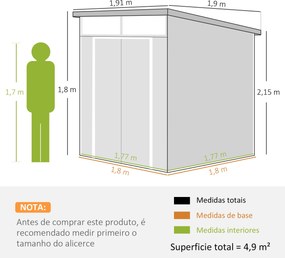 Abrigo de Jardim 3,24 m² 190x191x215 cm com Porta de Correr e Trinco Janela e Ventilação para Armazenamento de Ferramentas Cinza Claro