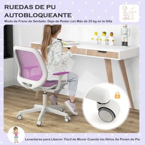 Cadeira giratória para secretária para crianças com altura ajustável, rodas com travões e apoios de braços macios, design ergonómico para 6-14 anos Pú