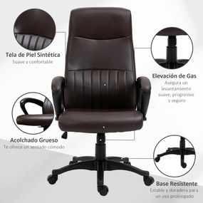 Vinsetto Cadeira de Escritório Ergonômica Cadeira de Escritório Basculante e Giratória 360° com Altura Ajustável Encosto Alto e Apoio para os Braços Pele Sintética 61,5x66x113-123cm Marrom