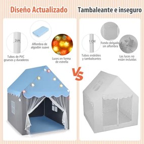 Tenda para crianças com tapete lavável Castelo de fadas com luzes Janelas 105 x 121 x 136 cm Azul