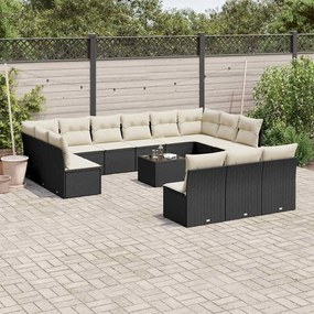 14 pcs conjunto de sofás p/ jardim c/ almofadões vime PE preto