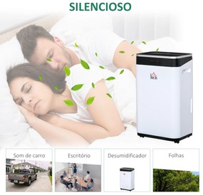 HOMCOM Desumidificador Elétrico 6,5L 20L/Dia com 3 Modos 2 Velocidades Tela LED Luzes Indicadoras Temporizador e Rodas Silencioso para Casa 34x24x57cm Branco