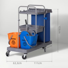 Carro de Limpeza Professional com Escorredor de Alavanca e 2 Baldes de 18L 111x63,3x103cm Cinza Azul e Laranja