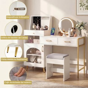 Toucador com espelho e luzes reguláveis 136 x 43 x 127,5 cm, mesa de vidro com 3 gavetas, ranhuras para anéis e ganchos, com porta e banco branco