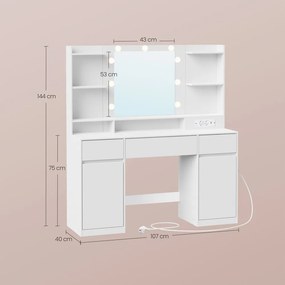 Toucador com espelho e iluminação, estação de carregamento 40 x 107 x 144 cm branco