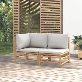 2 pcs conj. lounge de jardim bambu c/ almofadões cinzento-claro