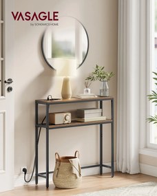 Mesa consola com prateleiras 20 x 80 x 80 cm com 2 tomadas CA, 1 porta USB-A e 1 porta USB-C Castanho vintage-Preto