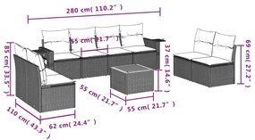 9 pcs conjunto sofás p/ jardim com almofadões vime PE cinzento