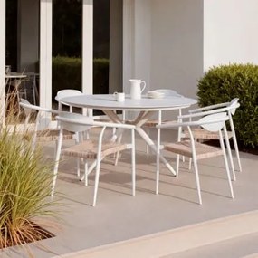 Conjunto De Mesa Redonda De Alumínio Valerie (ø125 Cm) E 6 Cadeiras De Jardim Com Braços Em Alumínio E Vime Sintético Marsha Gardénia Branco - Sklum