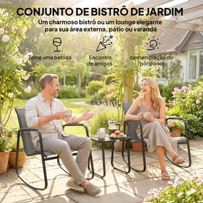 Conjunto de Jardim de 3 Peças com 2 Cadeiras de Balanço e Mesa com Tampo de Vidro e Estrutura de Aço para Pátio, Cinza
