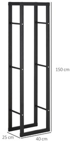 Suporte para Lenha de Metal Porta Lenha Metálico para Interior e Exterior Carga Máxima 100 kg 40x25x150 cm Preto
