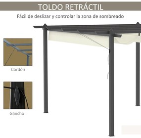Outsunny Pérgola de Alumínio 4x3 Pérgola de Jardim com Teto Retrátil Tecido de Poliéster e 8 Orifícios de Drenagem para Pátio Terraço Exterior Creme
