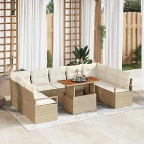 vidaXL Conjunto de Sofá de Jardim com Almofadas Bege de Rattan Poliéster 10 Peças