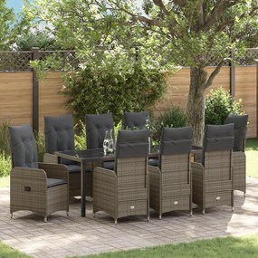 vidaXL Conjunto de Jantar de Jardim 9 Peças com Almofadas Cinza Vime Poliéster
