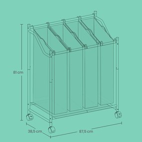 Cesto para roupa suja com rodas, 4 x 35 L, com 4 sacos removíveis 87,5 x 38,5 x 67/81 cm Cinzento