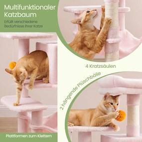 Arranhador para gatos com vários andares, com caverna, rede e 4 troncos para arranhar 45 x 35 x 112 cm rosa