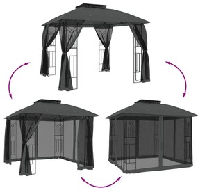 Gazebo c/ teto duplo/paredes de malha 2,94x2,94 m aço antracite