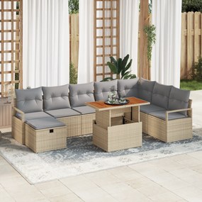 Conjunto de Sofá de Jardim de 9 Peças com Almofadas Bege Vime Poliéste