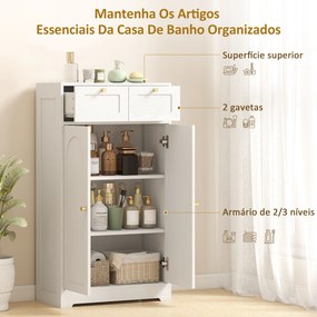 Armário de Casa de Banho Estreito com 2 Gavetas Prateleira Aberta e Porta com Painel Arqueado 60x30x108 cm Branco Texturizado