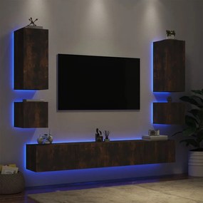 6 pcs móveis de parede para TV com luzes LED carvalho fumado