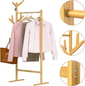 Cabide de bambu com barra para roupas e 8 ganchos 163 x 66 x 40 cm Castanho