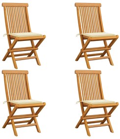 vidaXL Cadeiras de jardim c/ almofadões creme 4 pcs teca maciça