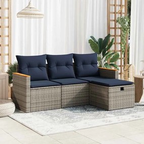 4 pcs conjunto sofás de jardim c/ almofadões vime PE cinzento