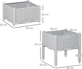 Conjunto de 2 Floreiras Quadradas Floreiras para Flores e Vegetais com Orifícios de Drenagem e Pés Altos 40x40x26-44 cm Cinza