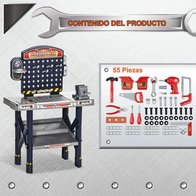 HOMCOM Bancada de Ferramentas para Crianças acima de 3 Anos Inclui 55 peças com Berbequim Elétrico Chave Inglesa Alicates Brinquedo de Aprendizagem 69x26,5x75cm Multicor